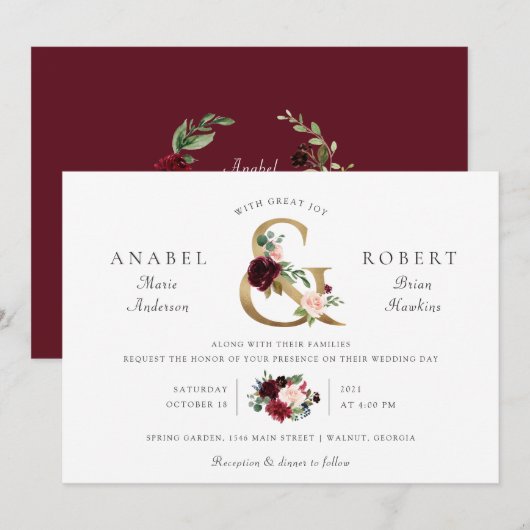 Floral Bourgogne Blush Gold Ampersand Typografie Kaart (Voorkant / Achterkant)