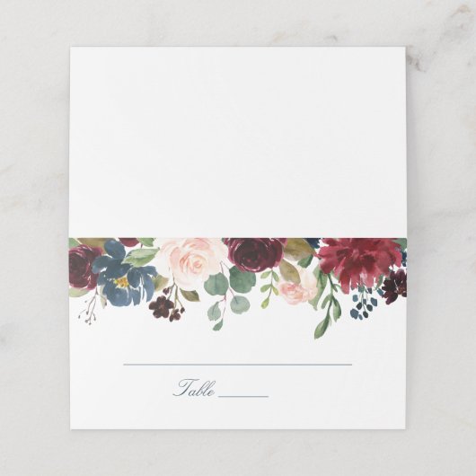 Floral Bourgogne Blush Navy Elegant Place Card Plaatskaartje (Buitenkant ongevouwen)