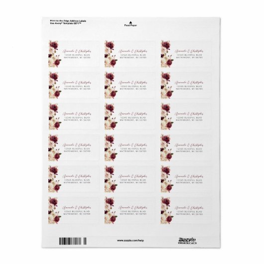 Floral Bourgogne Cream Wedding RSVP Adres Etiket (Full Sheet)