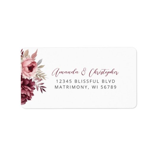 Floral Bourgogne Dusty Roos Wedding RSVP Adres Etiket (Voorkant)