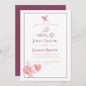 Floral | Bourgogne en blush roze bruiloft Kaart (Voorkant / Achterkant)