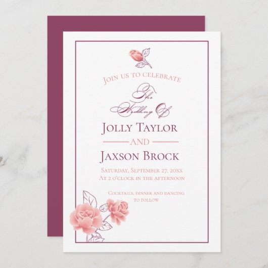 Floral | Bourgogne en blush roze bruiloft Kaart (Voorkant / Achterkant)