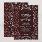 Floral  Bourgogne en Roos Gold Wedding Kaart (Voorkant / Achterkant)