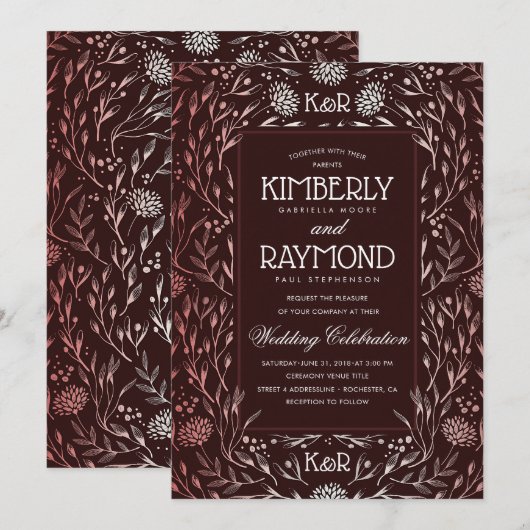 Floral  Bourgogne en Roos Gold Wedding Kaart (Voorkant / Achterkant)