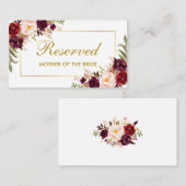 Floral Bourgogne Goud Bruiloft Gereserveerde Naam Plaatskaartje (Voorkant / Achterkant)