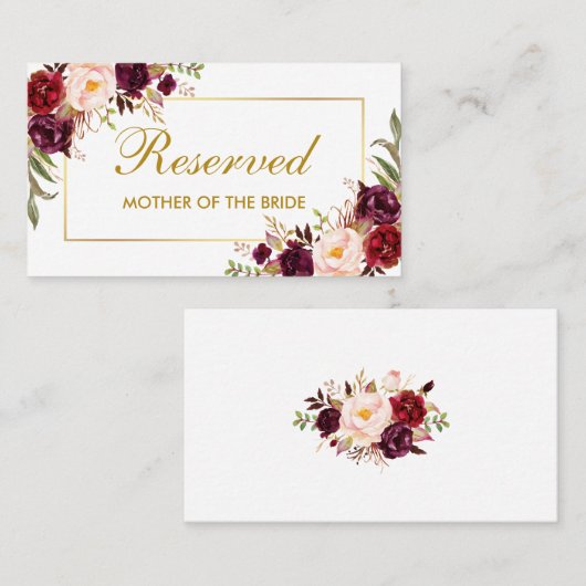 Floral Bourgogne Goud Bruiloft Gereserveerde Naam Plaatskaartje (Voorkant / Achterkant)