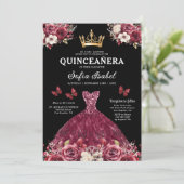 Floral Bourgogne Goud Tweetalig Spaans Quinceanera Kaart (Staand voorkant)