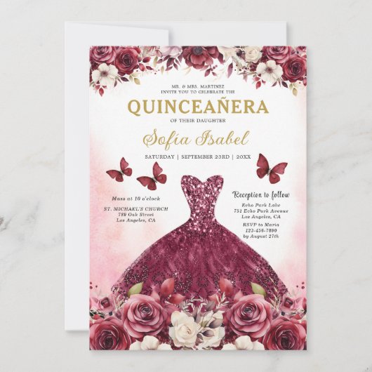Floral Bourgogne Goud Tweetalig Spaans Quinceanera Kaart (Voorkant)