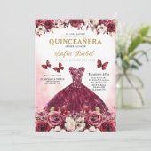 Floral Bourgogne Goud Tweetalig Spaans Quinceanera Kaart (Staand voorkant)