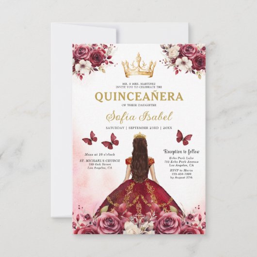 Floral Bourgogne Goud Tweetalig Spaans Quinceanera Kaart (Voorkant)
