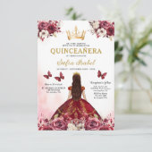 Floral Bourgogne Goud Tweetalig Spaans Quinceanera Kaart (Staand voorkant)