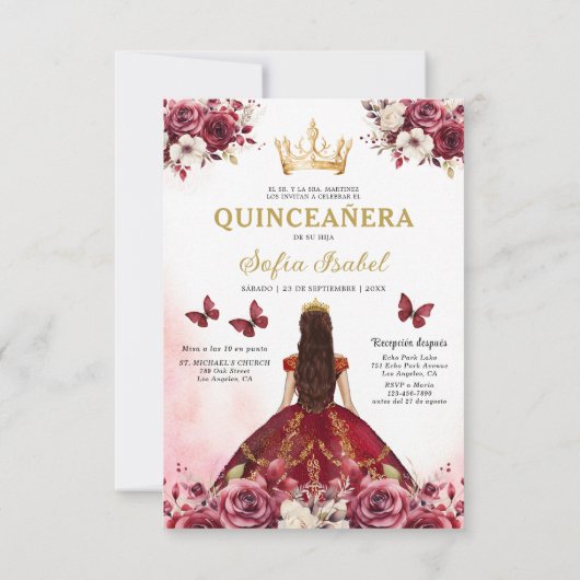 Floral Bourgogne Goud Tweetalig Spaans Quinceanera Kaart (Achterkant)