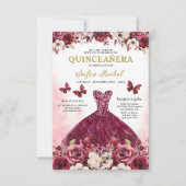 Floral Bourgogne Goud Tweetalig Spaans Quinceanera Kaart (Voorkant)