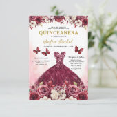 Floral Bourgogne Goud Tweetalig Spaans Quinceanera Kaart (Staand voorkant)