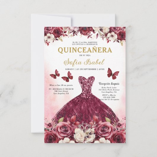 Floral Bourgogne Goud Tweetalig Spaans Quinceanera Kaart (Achterkant)