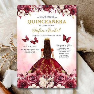 Floral Bourgogne Goud Tweetalig Spaans Quinceanera Kaart