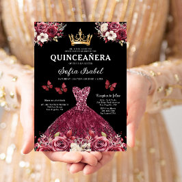 Floral Bourgogne Goud Tweetalig Spaans Quinceanera Kaart