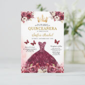 Floral Bourgogne Goud Tweetalig Spaans Quinceanera Kaart (Staand voorkant)