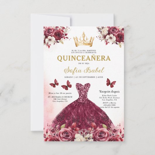 Floral Bourgogne Goud Tweetalig Spaans Quinceanera Kaart (Achterkant)