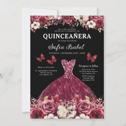 Floral Bourgogne Goud Tweetalig Spaans Quinceanera Kaart (Voorkant)
