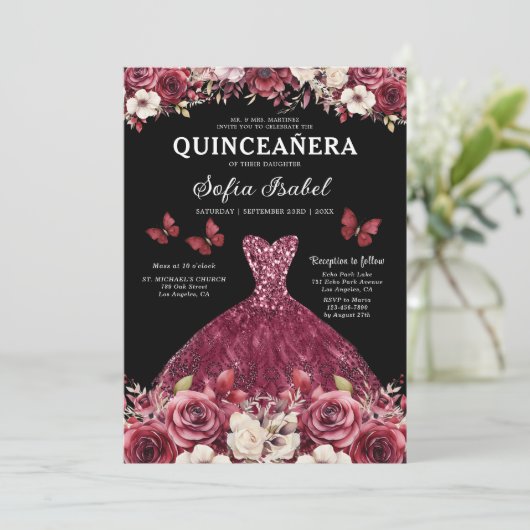 Floral Bourgogne Goud Tweetalig Spaans Quinceanera Kaart (Staand voorkant)