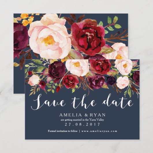 Floral Bourgogne Navy Save the Date Kaart (Voorkant / Achterkant)