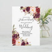 Floral Bourgogne Peony Boho Huwelijksuitnodiging Kaart (Staand voorkant)