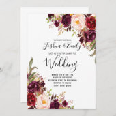 Floral Bourgogne Peony Boho Huwelijksuitnodiging Kaart (Voorkant / Achterkant)