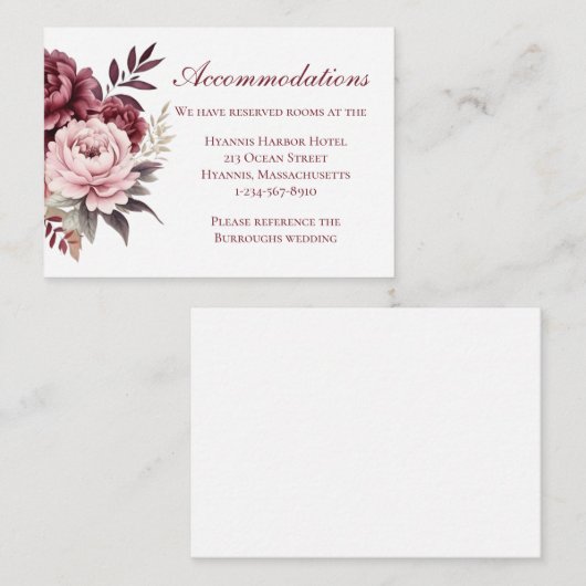 Floral Bourgogne pioen bruiloft accommodaties Informatiekaartje (Voorkant / Achterkant)