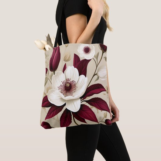 Floral Bourgogne Plant Botanisch Tote Bag (Dichtbij)