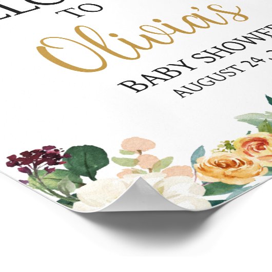 Floral Bourgogne Pompoen Baby shower Welkom Poster (Hoek)