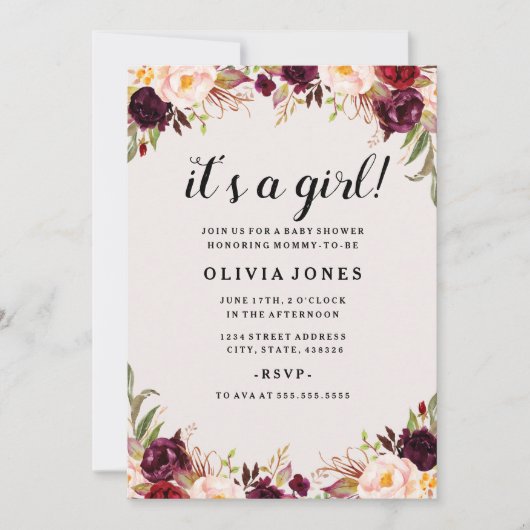 Floral Bourgogne Roze Baby shower Uitnodiging (Voorkant)