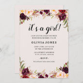 Floral Bourgogne Roze Baby shower Uitnodiging (Voorkant / Achterkant)