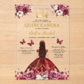 Floral Bourgogne Vlinder Prinses Quinceanera Acryl Uitnodigingen (Voorkant)