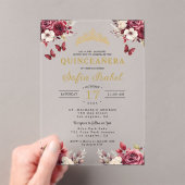 Floral Bourgogne Vlinder Prinses Quinceanera Acryl Uitnodigingen (Insitu (Draagbaar))