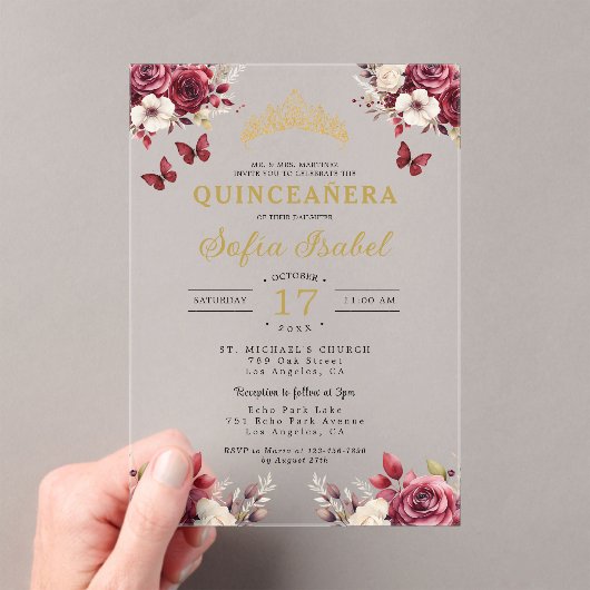 Floral Bourgogne Vlinder Prinses Quinceanera Acryl Uitnodigingen (Insitu (Draagbaar))