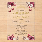 Floral Bourgogne Vlinder Prinses Quinceanera Acryl Uitnodigingen (Voorkant)