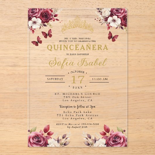 Floral Bourgogne Vlinder Prinses Quinceanera Acryl Uitnodigingen (Voorkant)