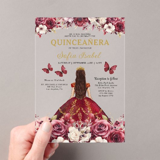 Floral Bourgogne Vlinder Prinses Quinceanera Acryl Uitnodigingen (Insitu (Draagbaar))