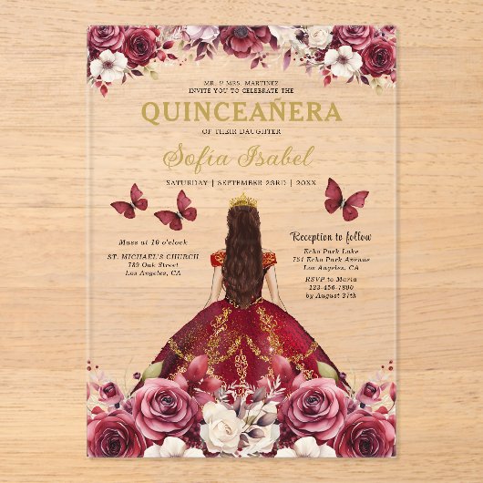 Floral Bourgogne Vlinder Prinses Quinceanera Acryl Uitnodigingen (Voorkant)