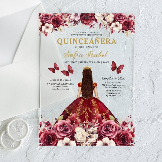 Floral Bourgogne Vlinder Prinses Quinceanera Acryl Uitnodigingen