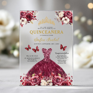 Floral Bourgogne Vlinder Prinses Quinceanera Acryl Uitnodigingen