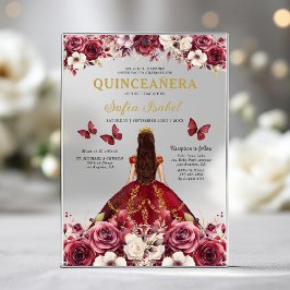 Floral Bourgogne Vlinder Prinses Quinceanera Acryl Uitnodigingen
