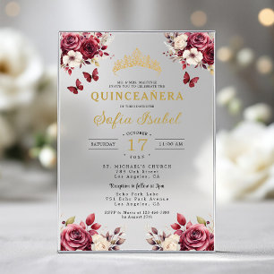 Floral Bourgogne Vlinder Prinses Quinceanera Acryl Uitnodigingen