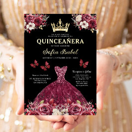 Floral Bourgogne Vlinder Prinses Quinceanera Folie Uitnodiging