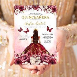 Floral Bourgogne Vlinder Prinses Quinceanera Kaart