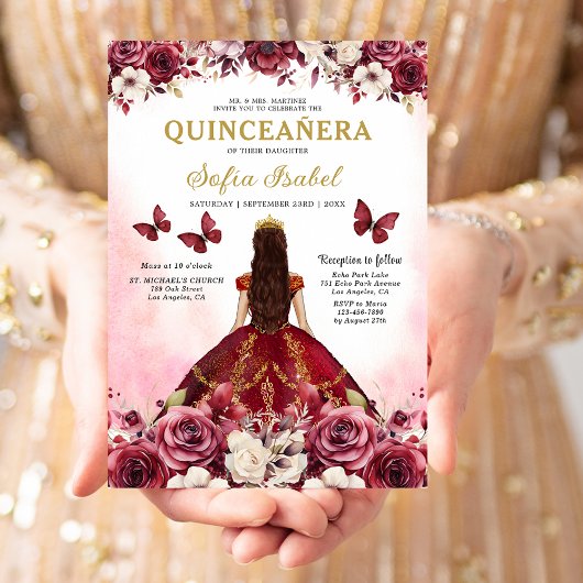 Floral Bourgogne Vlinder Prinses Quinceanera Kaart