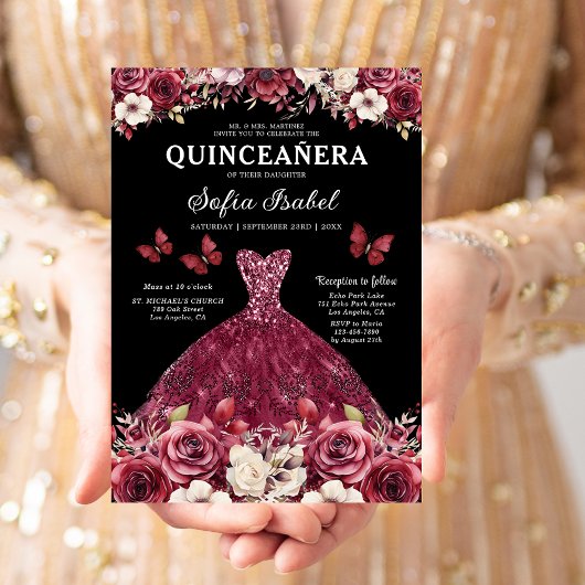 Floral Bourgogne Vlinder Prinses Quinceanera Kaart