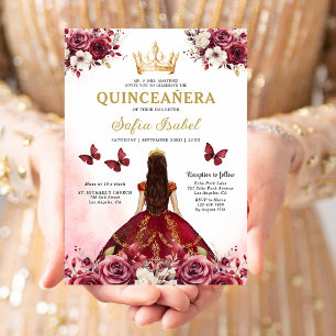 Floral Bourgogne Vlinder Prinses Quinceanera Kaart