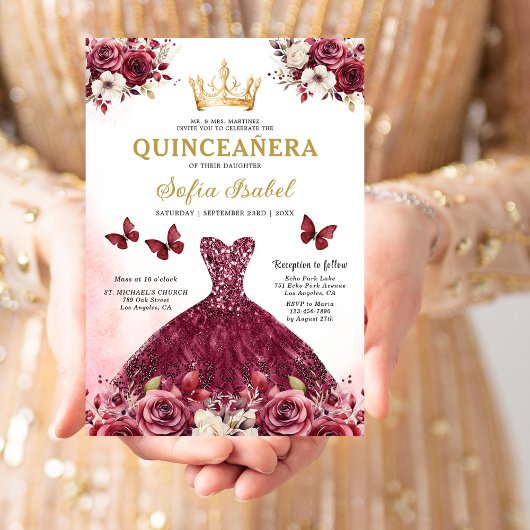 Floral Bourgogne Vlinder Prinses Quinceanera Kaart